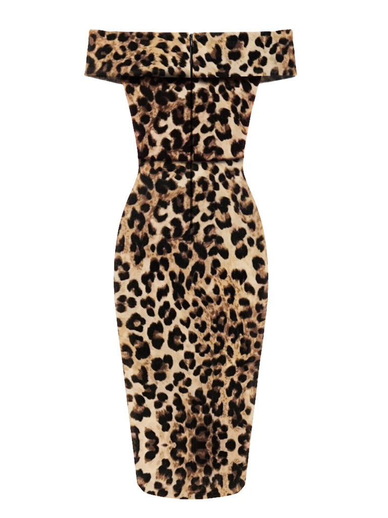 1960s Off-shoulder Leopard Pencil Dress