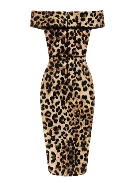 1960s Off-shoulder Leopard Pencil Dress | Retro Stage