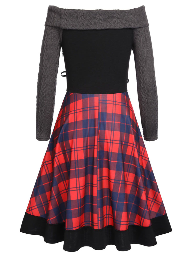 Plaids 1950s Off Shoulder Knitted Dress