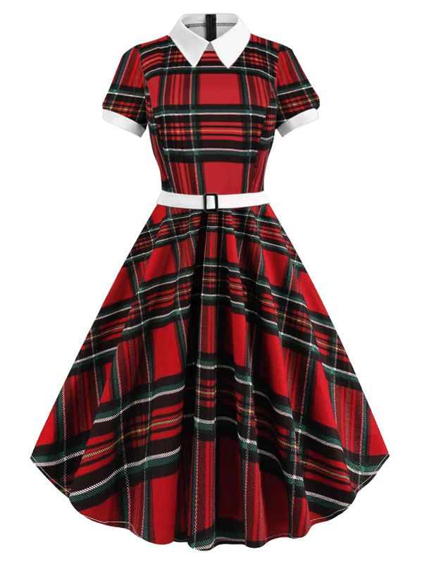Red 1950s Plaid Convertible Collar Dress