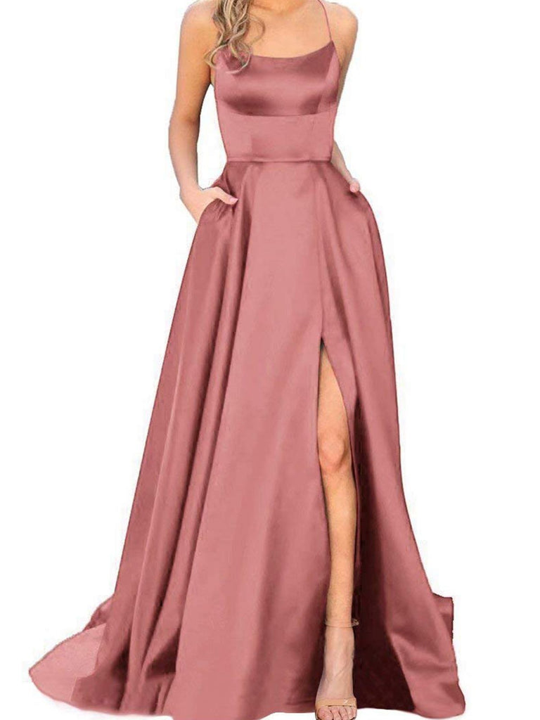 Solid Strap Long Slit Maxi Dress