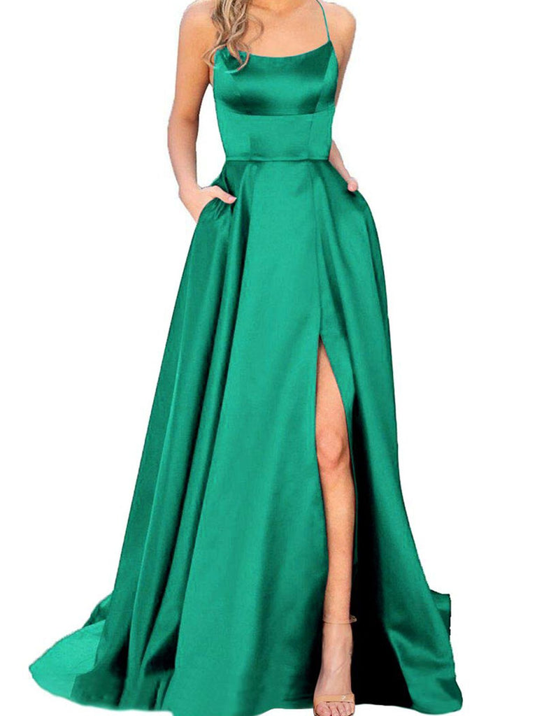 Solid Strap Long Slit Maxi Dress