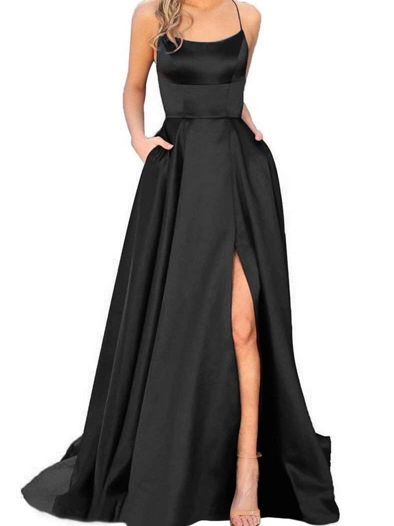 Solid Strap Long Slit Maxi Dress