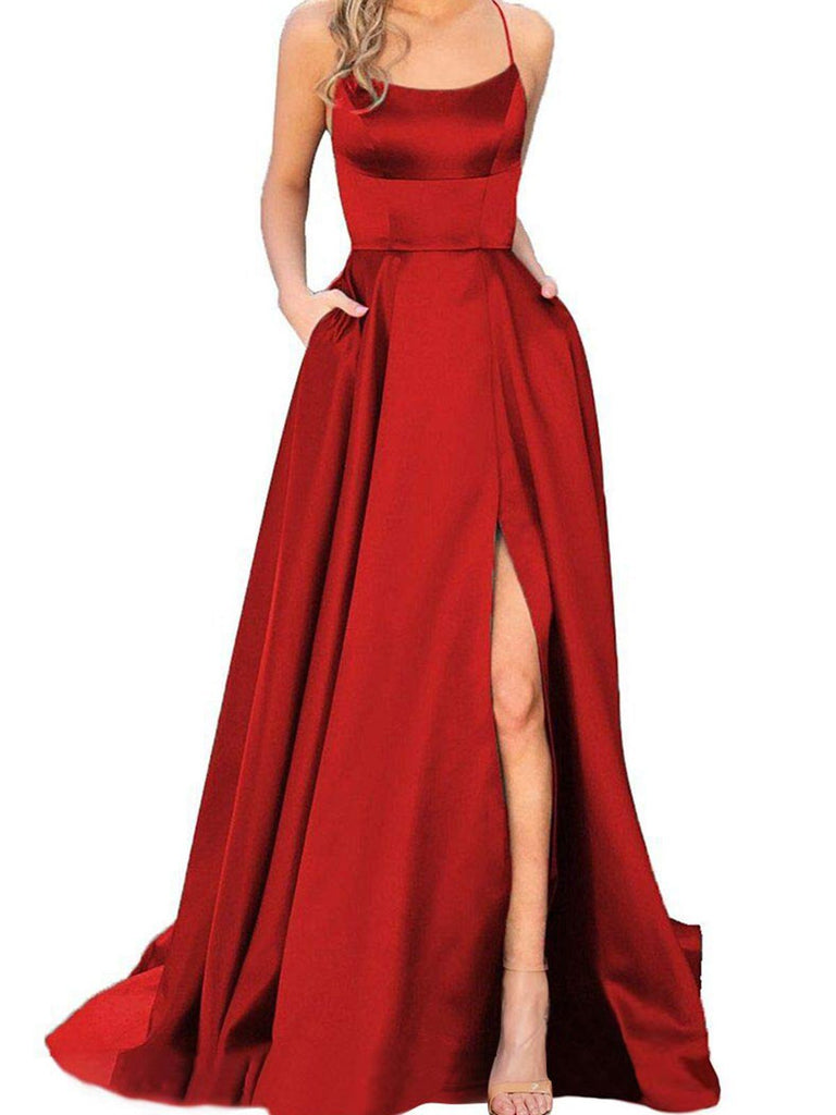 Solid Strap Long Slit Maxi Dress