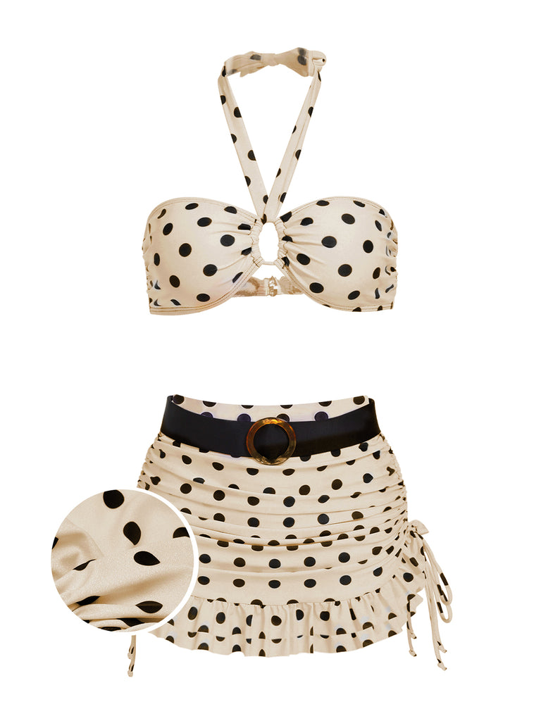 Ivory 1950s Polka Dots Halter Bikini Set