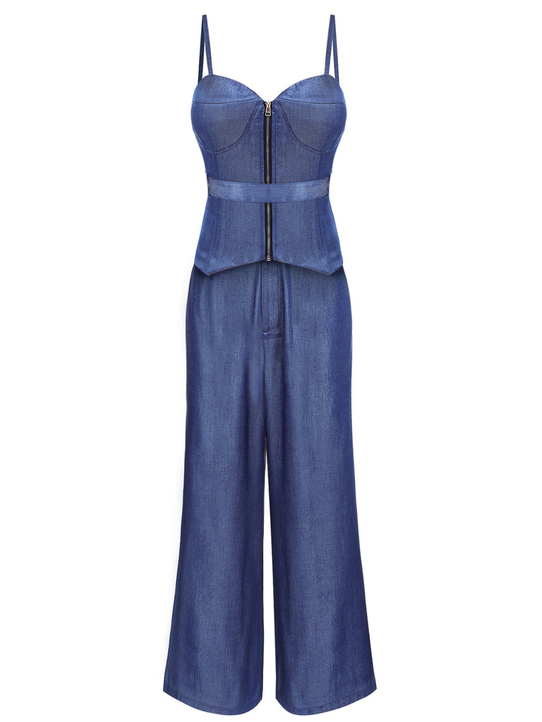 Blue 1940s Spaghetti Strap Top & High Waist Wide Leg Pants