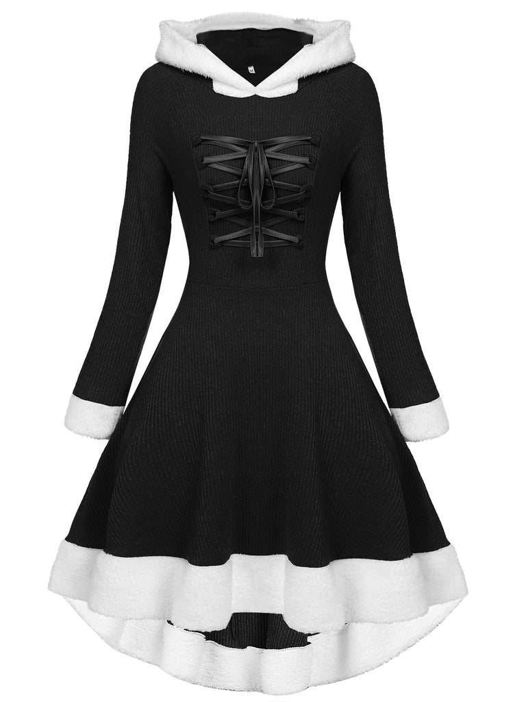 1950s Furry Patchwork Solid Lace-up Dress