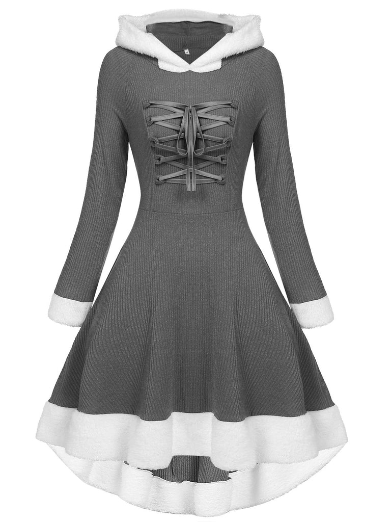 1950s Furry Patchwork Solid Lace-up Dress