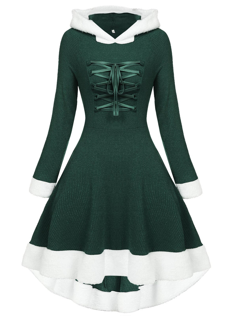 1950s Furry Patchwork Solid Lace-up Dress