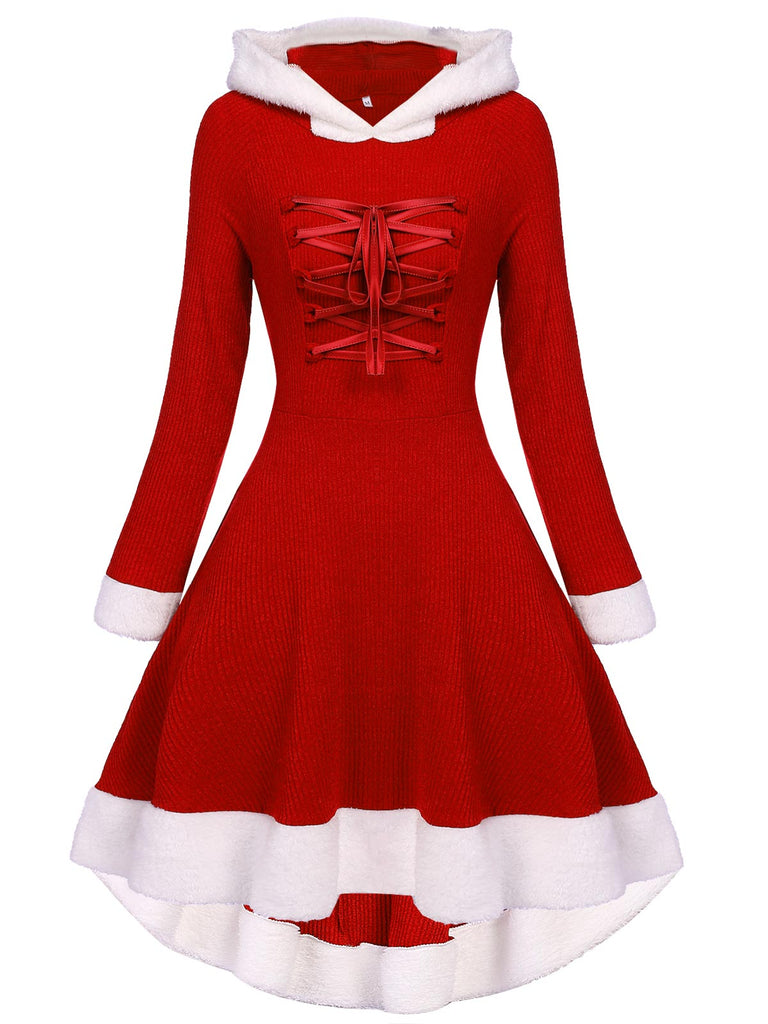 1950s Furry Patchwork Solid Lace-up Dress