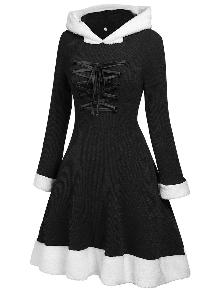 1950s Furry Patchwork Solid Lace-up Dress