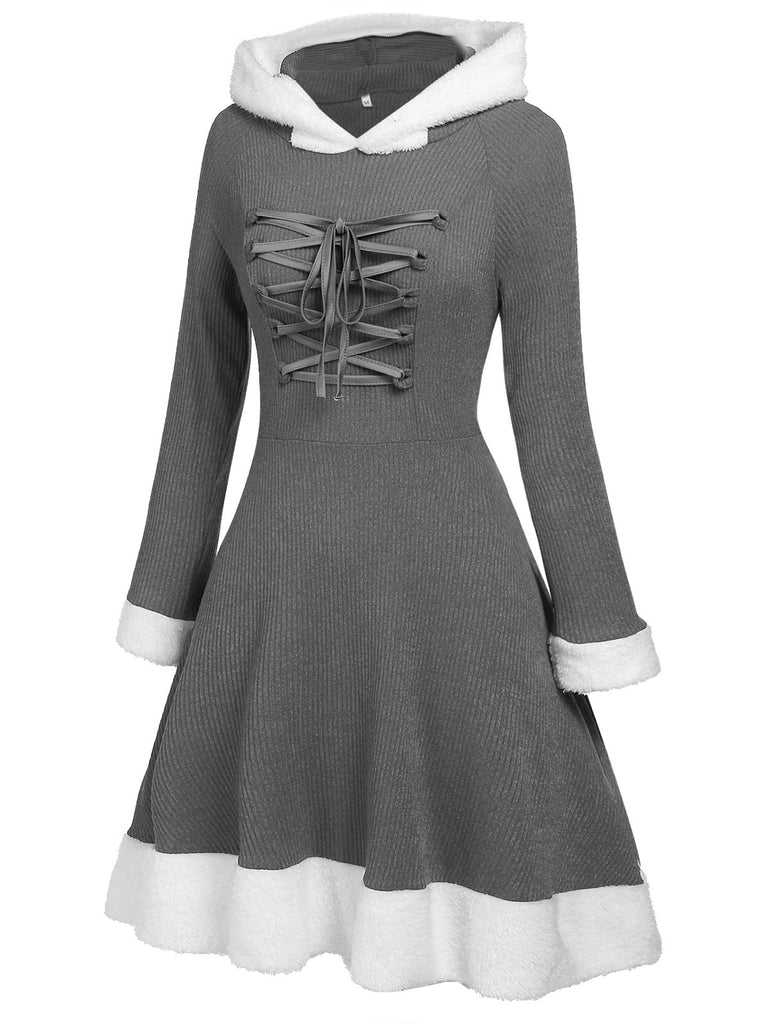 1950s Furry Patchwork Solid Lace-up Dress
