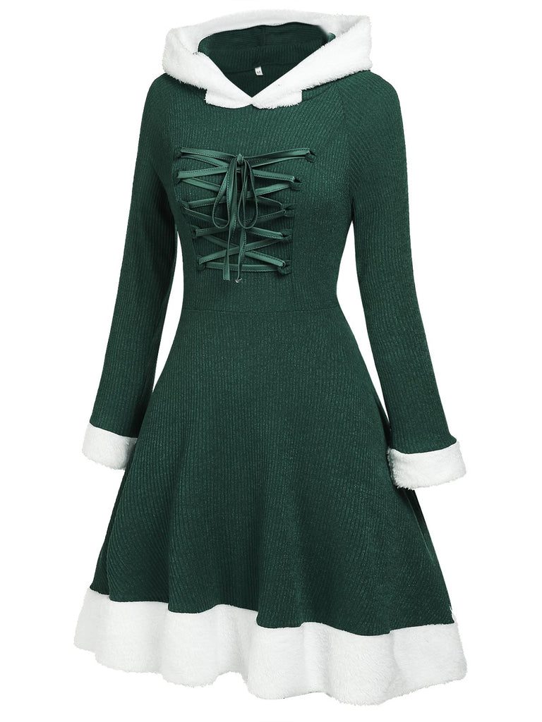 1950s Furry Patchwork Solid Lace-up Dress