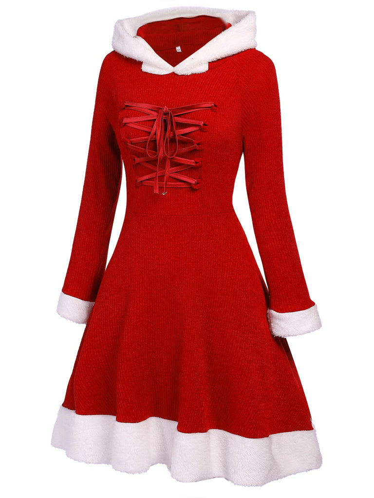 1950s Furry Patchwork Solid Lace-up Dress