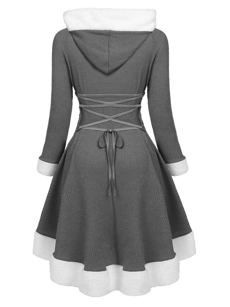 1950s Furry Patchwork Solid Lace-up Dress