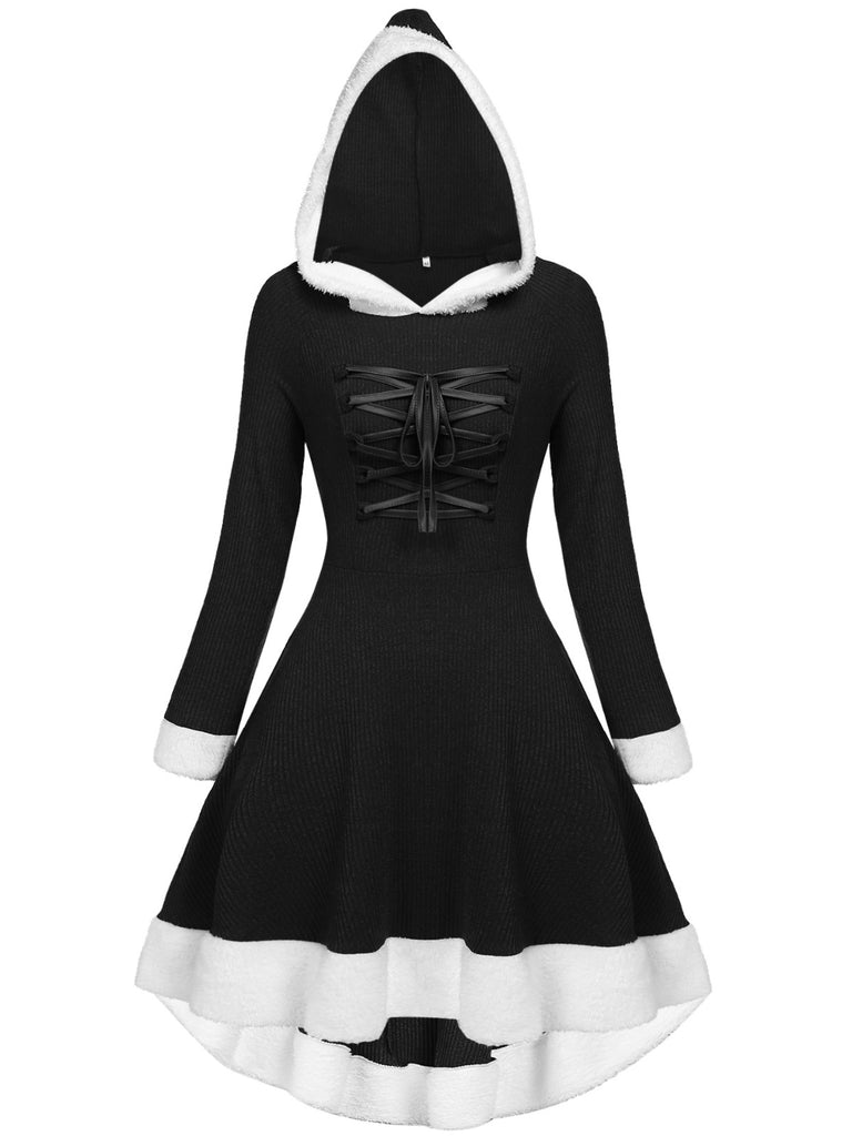 1950s Furry Patchwork Solid Lace-up Dress