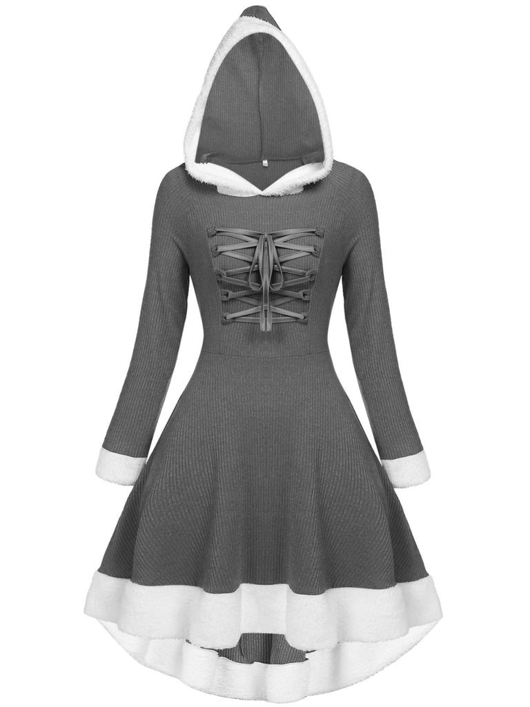 1950s Furry Patchwork Solid Lace-up Dress