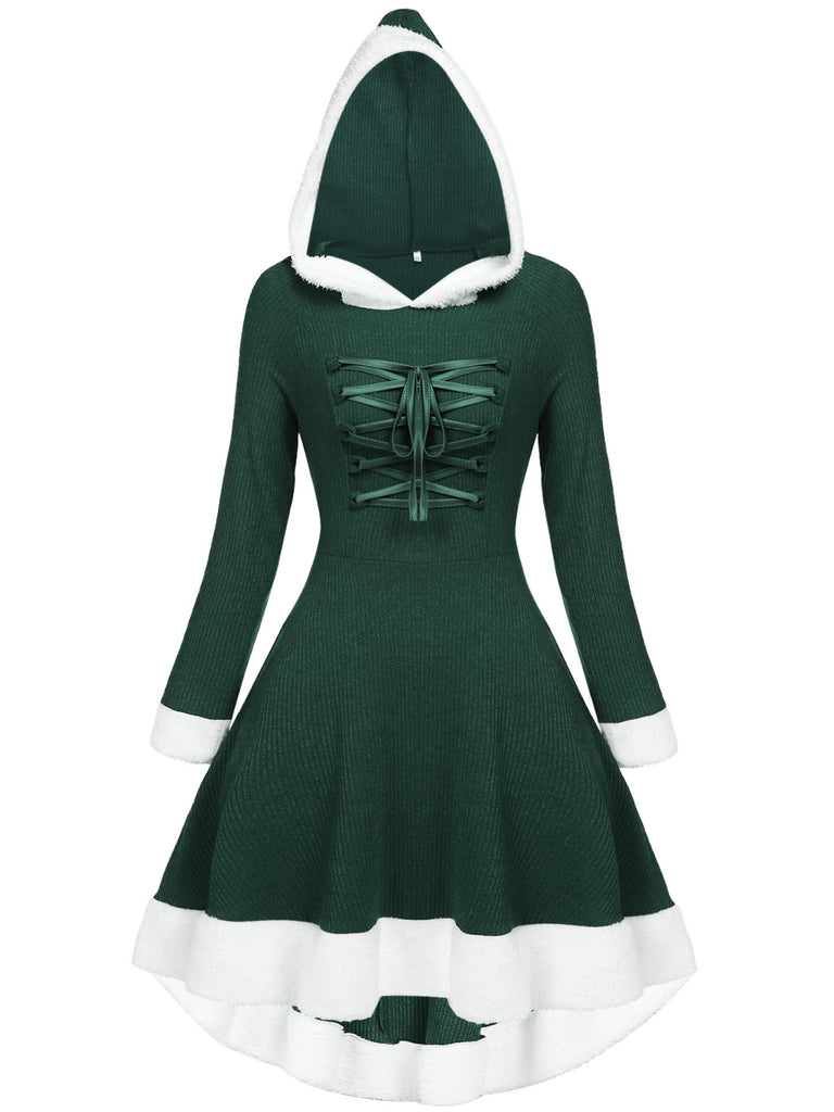 1950s Furry Patchwork Solid Lace-up Dress