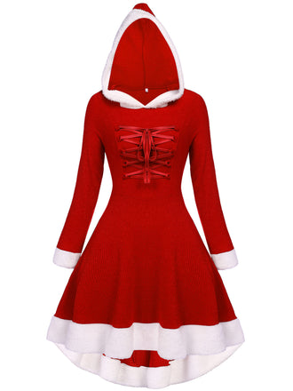 1950s Furry Patchwork Solid Lace-up Dress