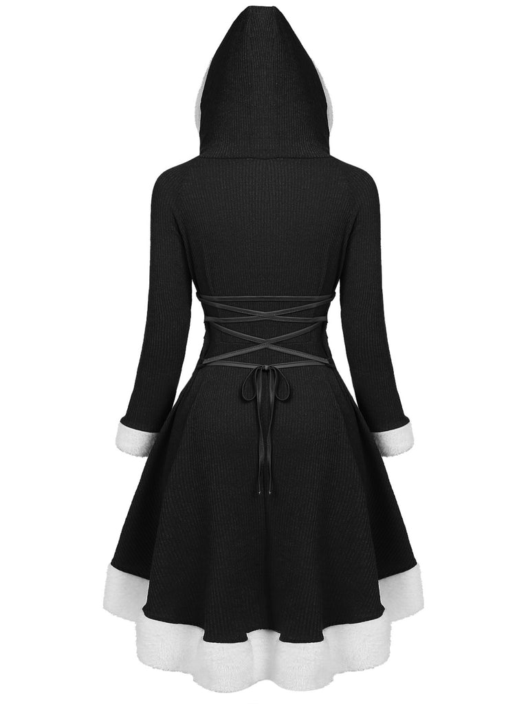 1950s Furry Patchwork Solid Lace-up Dress
