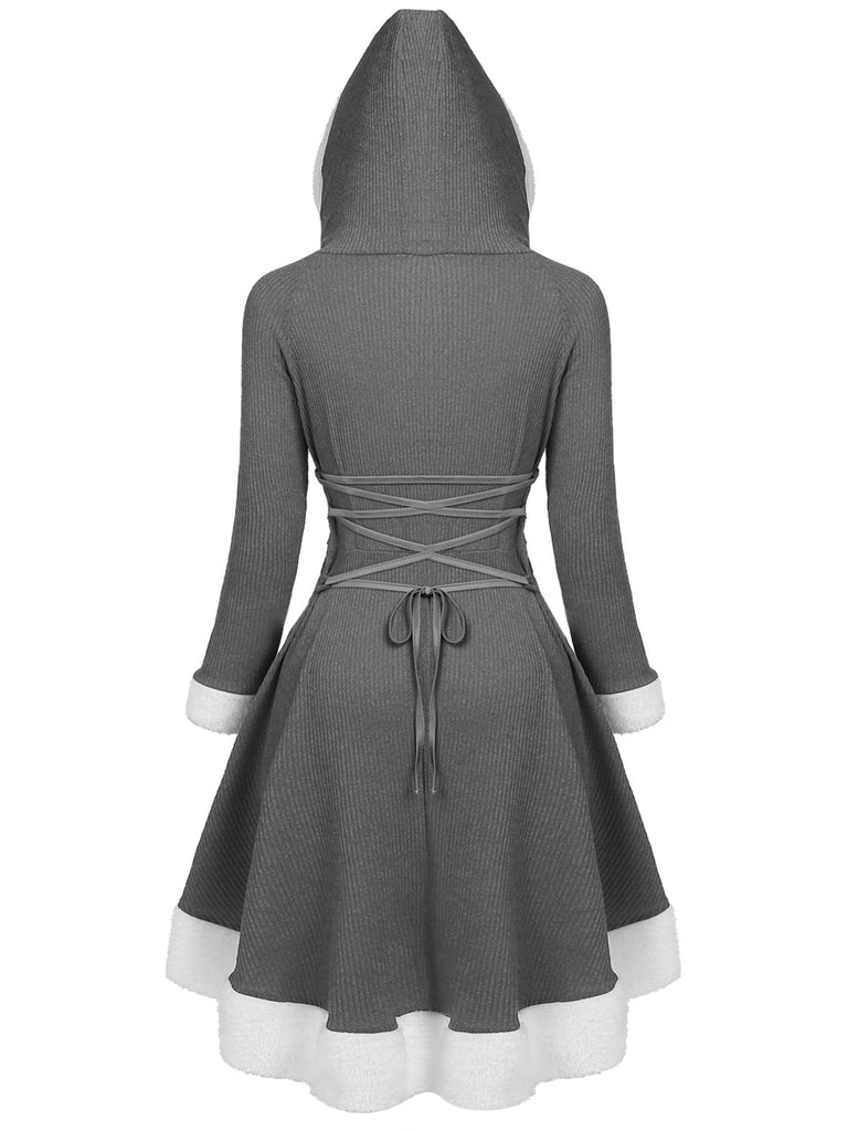 1950s Furry Patchwork Solid Lace-up Dress