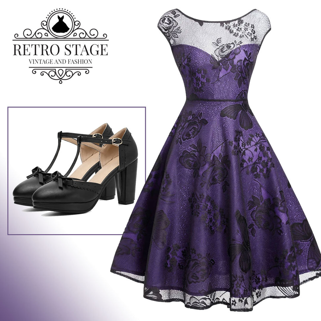 Purple 1950s Mesh Floral Swing Dress