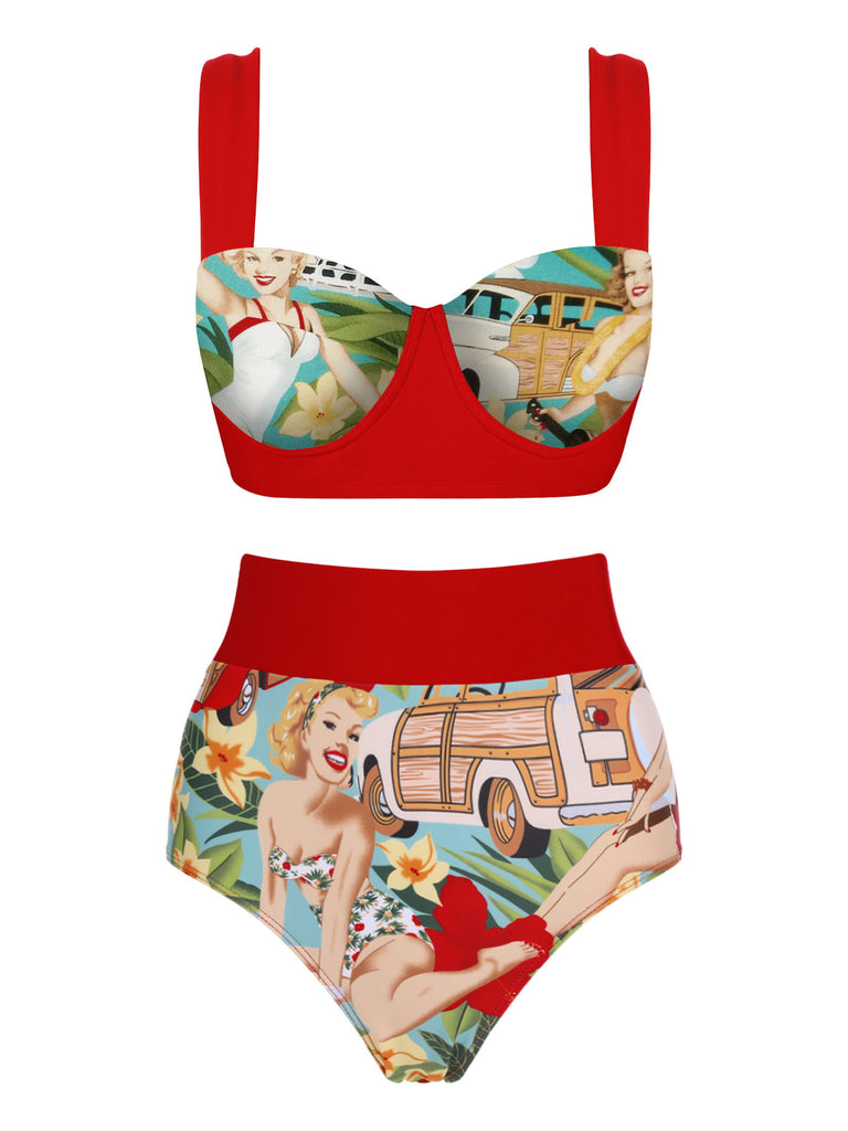 Red Cherry Print Bikini Set Sexy Vintage Plaid Bikini Swimsuit