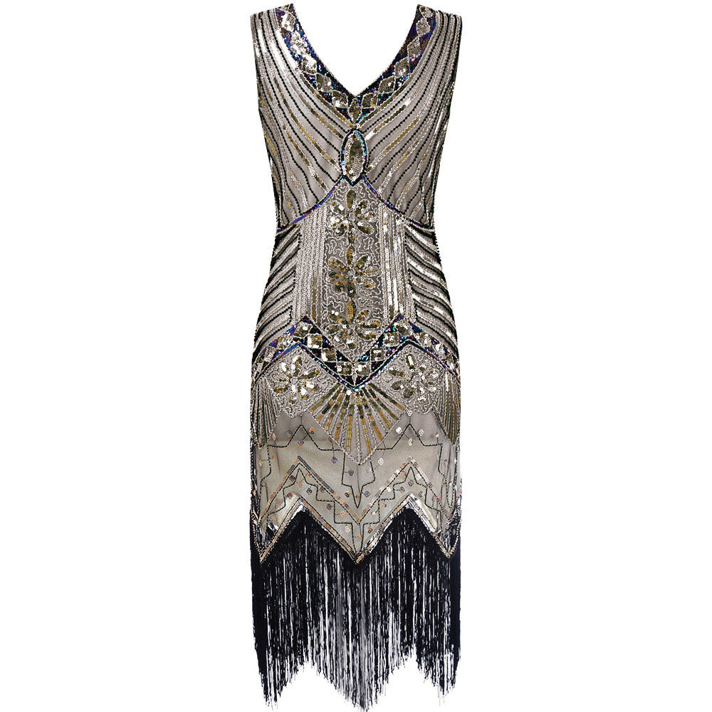 [US Warehouse] Champagne 1920s Sequined Flapper Dress & 6PCS Acccessories