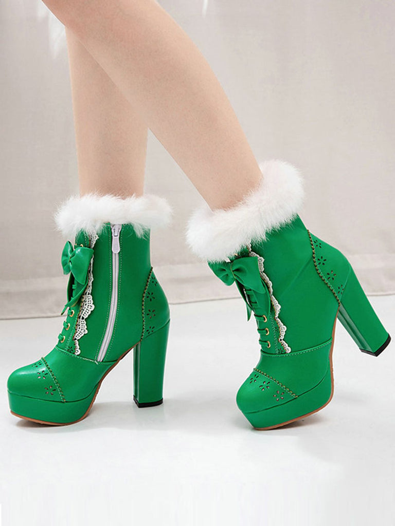 Retro Furry Bowknot Chunky Heel Snow Boots