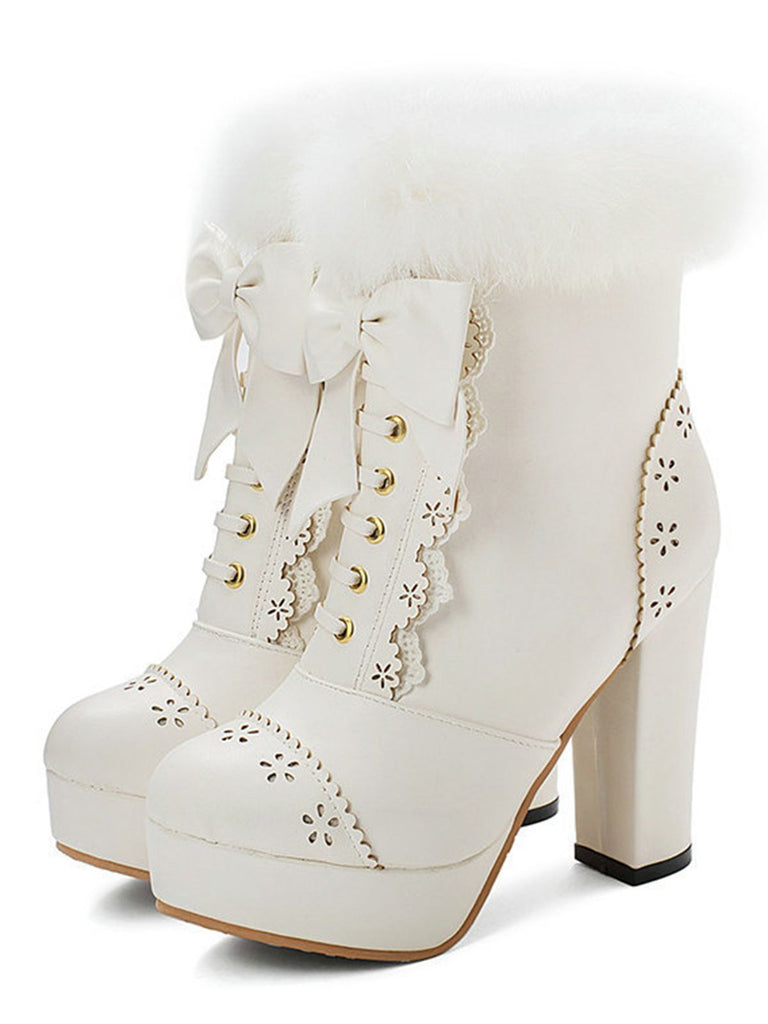 Retro Furry Bowknot Chunky Heel Snow Boots