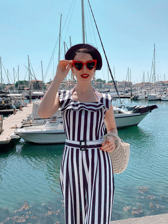 Blue 1930s Striped Ruffle Jumpsuit