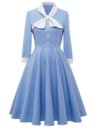 Blue 1950s Solid Button Swing Dress