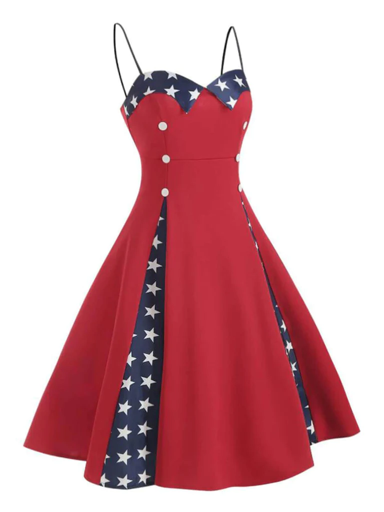 Red 1950s Stars Patchwork Strap Dress
