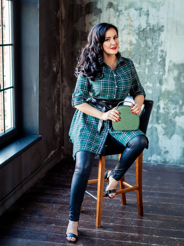 1950s 3/4 Sleeve Plaid Belt Long Tops
