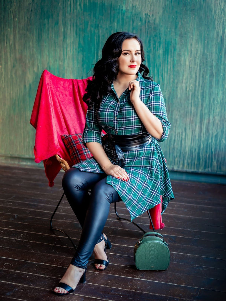 1950s 3/4 Sleeve Plaid Belt Long Tops