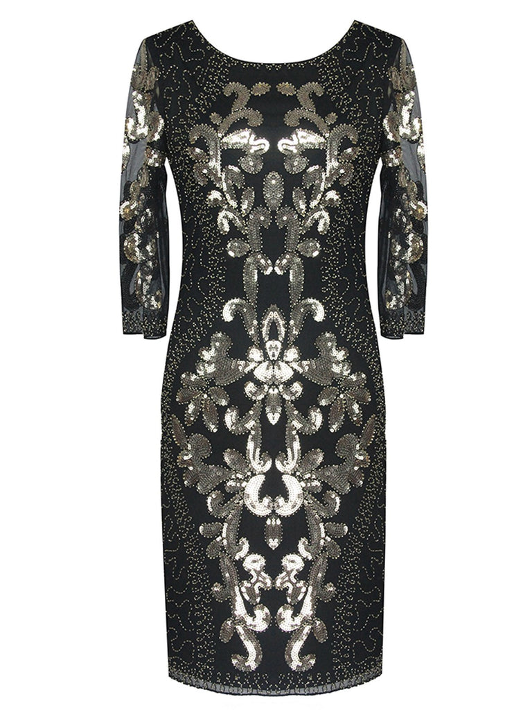 modern gatsby dress with sleeves US Warehouse] 1920s 3/4 Sleeve Mesh Sequin Gatsby Dress