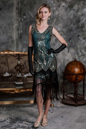 1920s Beaded Fringed Dress, classic 1920s style elegant retro fashion - Image 1