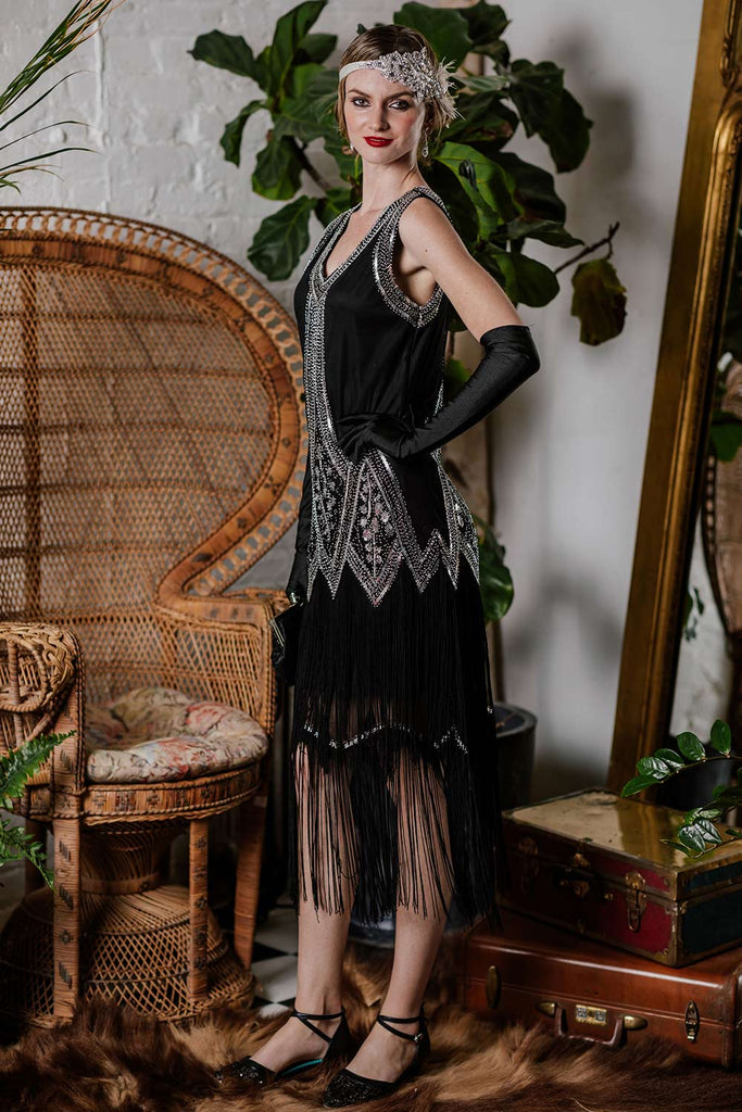 1920s Beaded Fringed Flapper Dress — vintage elegance for the modern woman