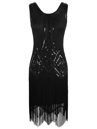 1920s Beaded Fringed Flapper Dress, classic 1920s style elegant retro fashion - Image 1