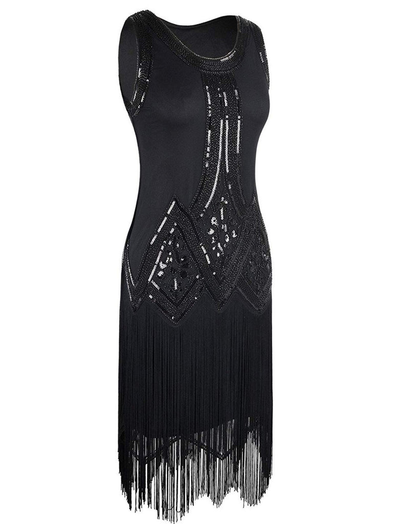 slim fit dress slacks US Warehouse] Black 1920s Beaded Fringed Flapper Dress