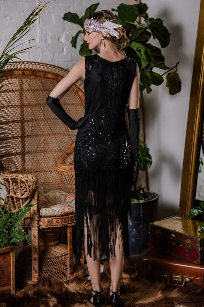 1920s long black dress 1920s Black Beaded Evelyn Flapper Dress