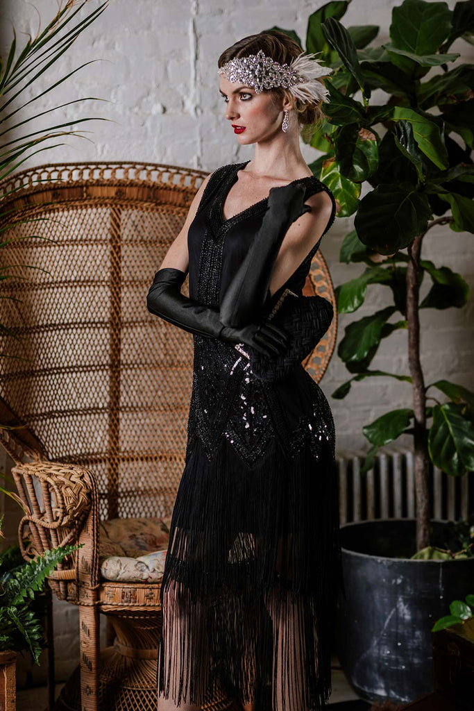 green emerald velvet dress Black Sequin 1920's Vintage Inspired Fringe Flapper Dress-Alix main image 1