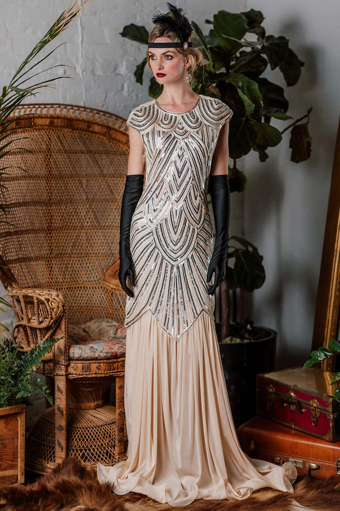 1920s Embroidery Sequin Maxi Dress, classic 1920s style elegant retro fashion - Image 5