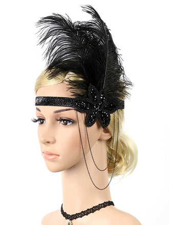 1920s Feather Elastic Headband, classic 1920s style elegant retro fashion - Image 1