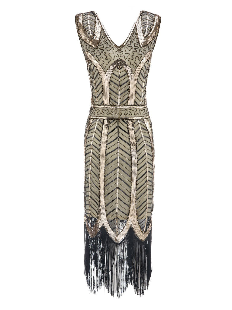 1920s Leaves Sequined Tassel Dress, classic 1920s style elegant retro fashion - Image 2
