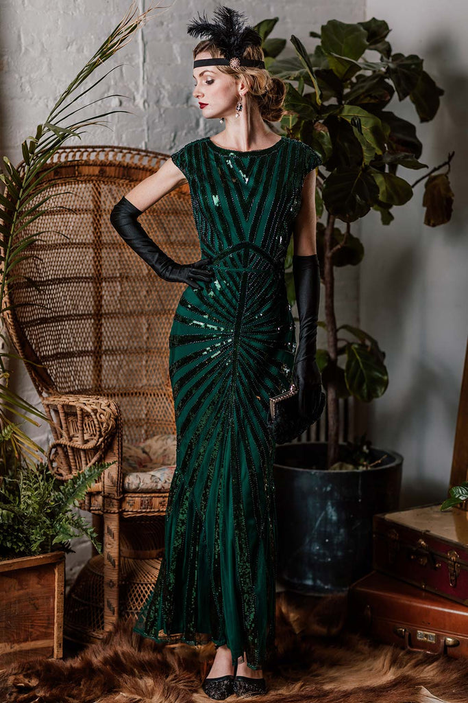 1920s Sequin Art Deco Maxi Dress — vintage elegance for the modern woman