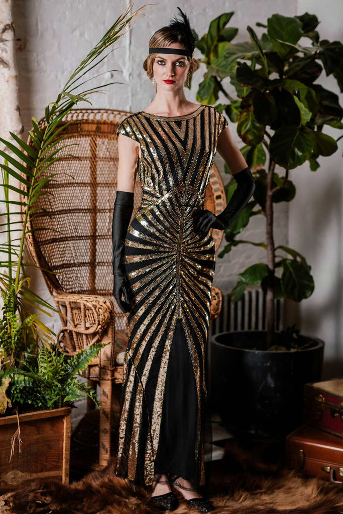 1920s Sequin Art Deco Maxi Dress — a 1920s silhouette that turns sidewalks into runways