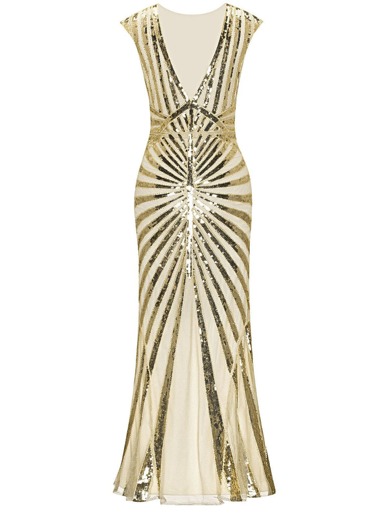 This 1920s Sequin Art Deco Maxi Dress wraps her in 1920s elegance, one twirl at a time