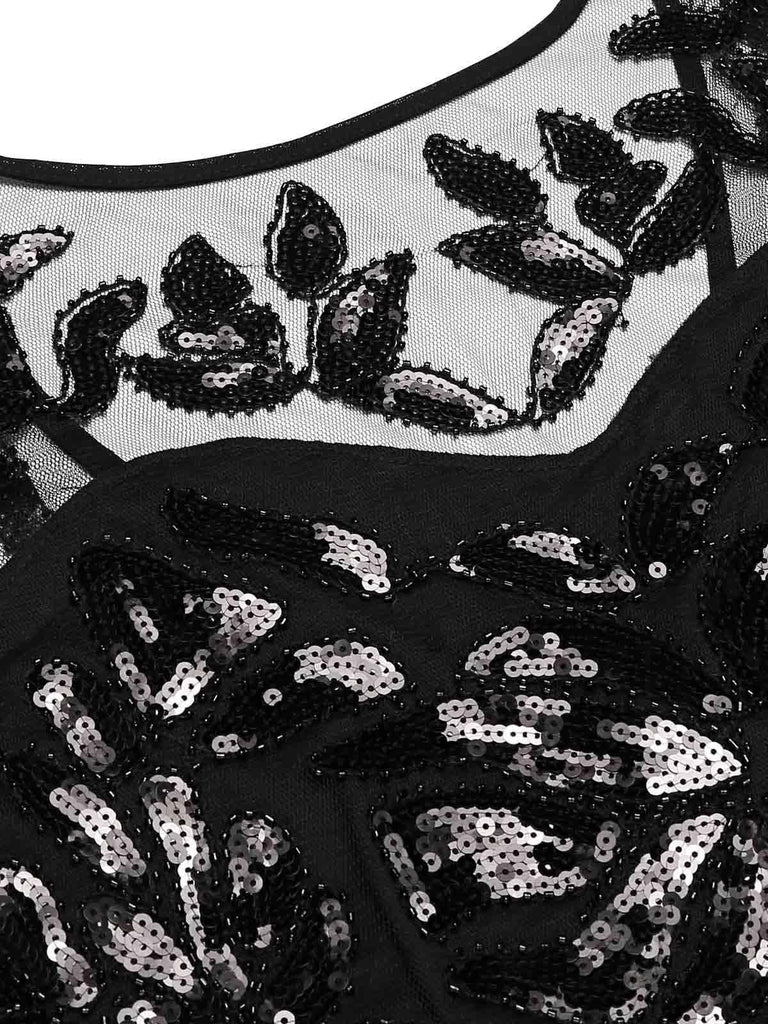 [US Warehouse] Black 1920s Sequin Maxi Flapper Dress & 5PCS Accessories