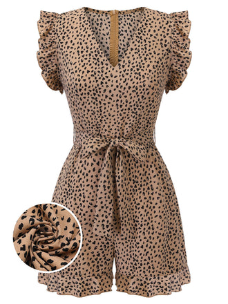 Front view: 1930s 1930s Leopard Print Mullet Sleeves V-neck Romper, perfect for retro themed parties, vintage fashion enthusiasts and special occasions